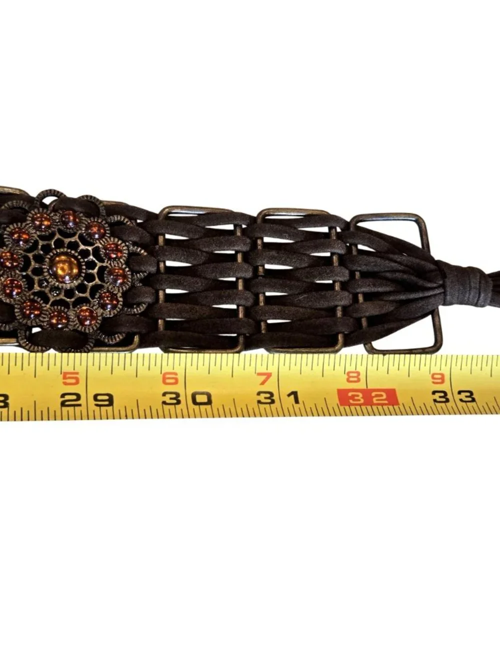Chocolate Brown Braided Woven Faux Leather Ornate Concho Rhinestone Fringe Belt